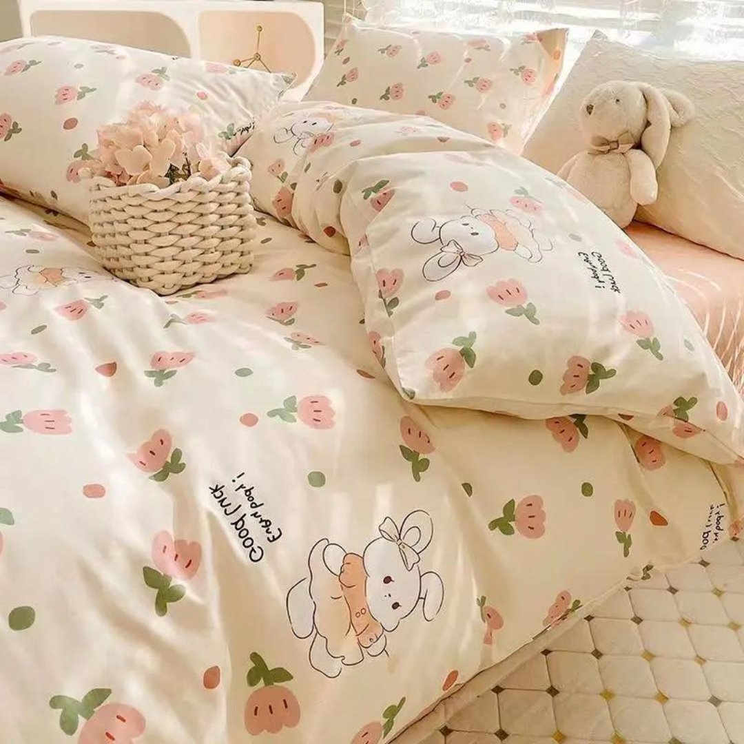 Conjunto de Cama Estilo Coreano - Capa de Edredom, Lençol e Fronha - Coelhos Roupa de Cama037 Cama Conforto Solteiro Coelhos