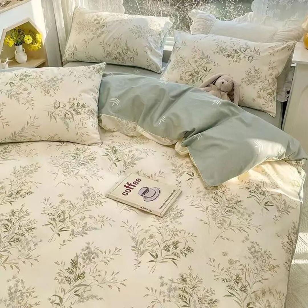 Conjunto de Cama Estilo Coreano - Capa de Edredom, Lençol e Fronha - Floral Verde Roupa de Cama033 Cama Conforto Solteiro Floral Verde