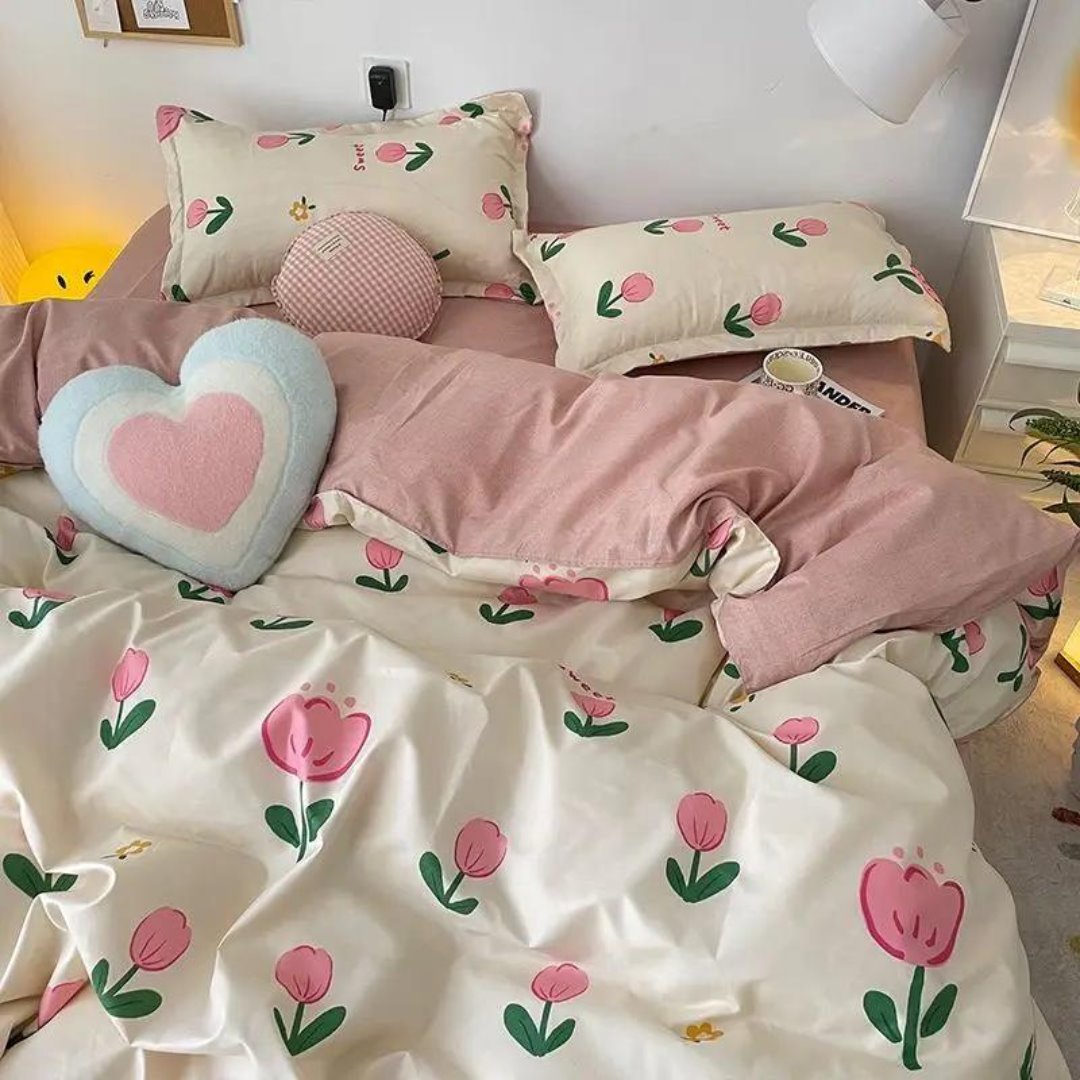 Conjunto de Cama Estilo Coreano - Capa de Edredom, Lençol e Fronha - Flores  Rosa