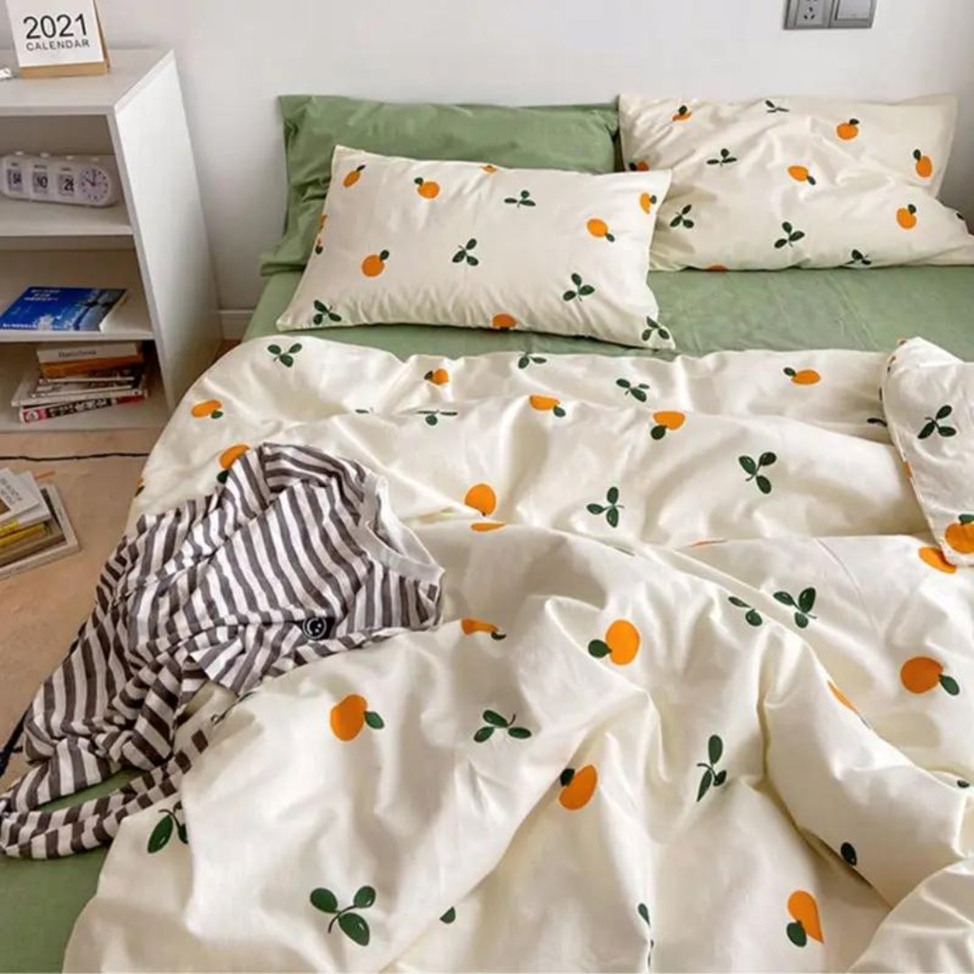 Conjunto de Cama Estilo Coreano - Capa de Edredom, Lençol e Fronha - Laranjas Roupa de Cama036 Cama Conforto Solteiro Laranjas