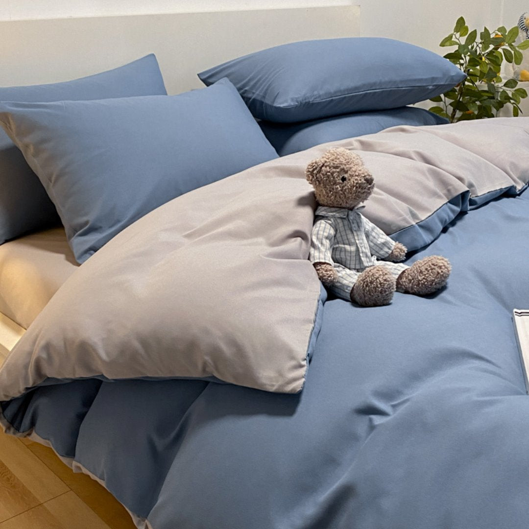 Conjunto de Roupa de Cama Nórdica em Algodão 100% Roupa de Cama008 camaconforto Casal Azul com Cinza