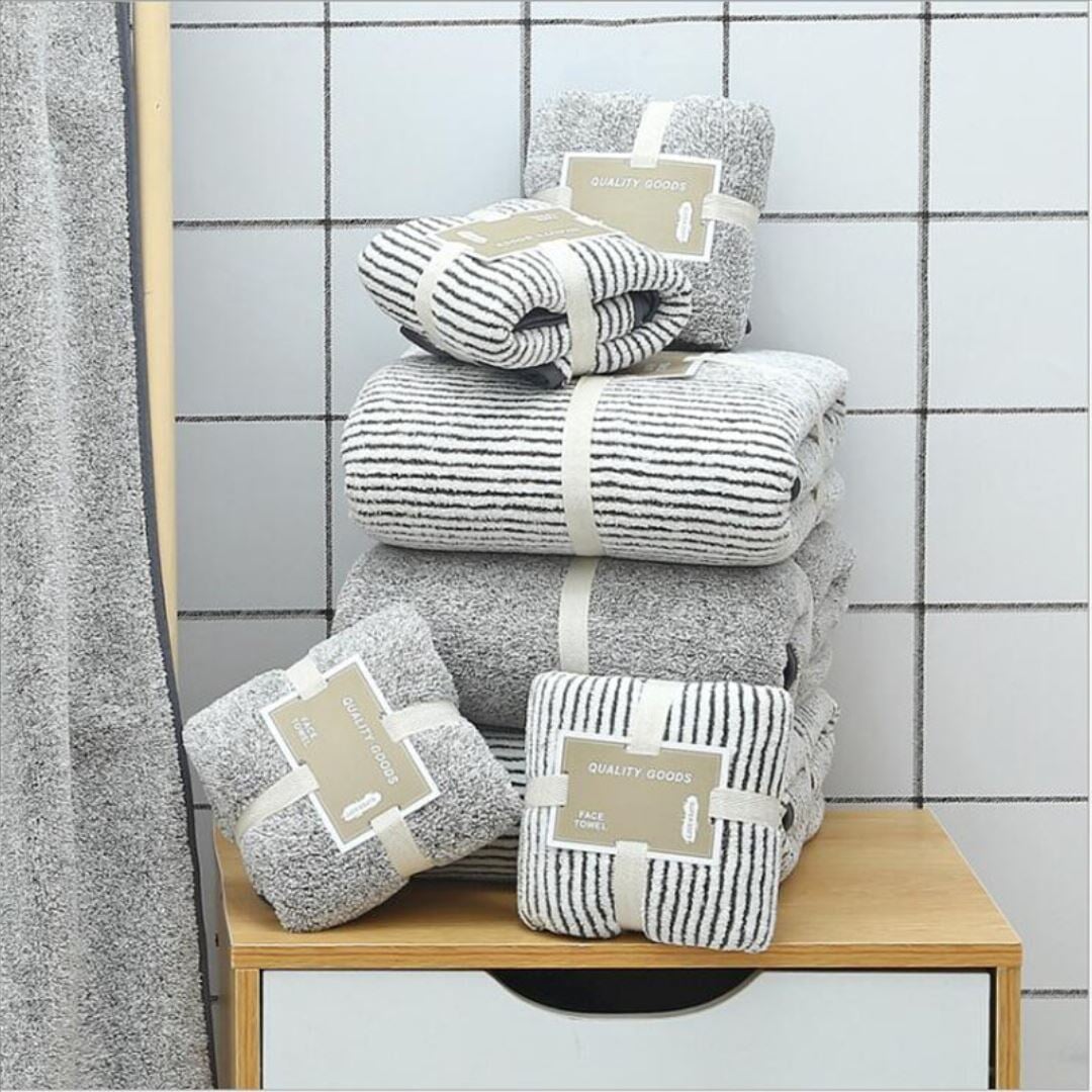 Conjunto de Toalhas de Banho de Bambu e Carvão Ativado - Maciez e Absorção Superior - Listradas Banho021 Cama Conforto