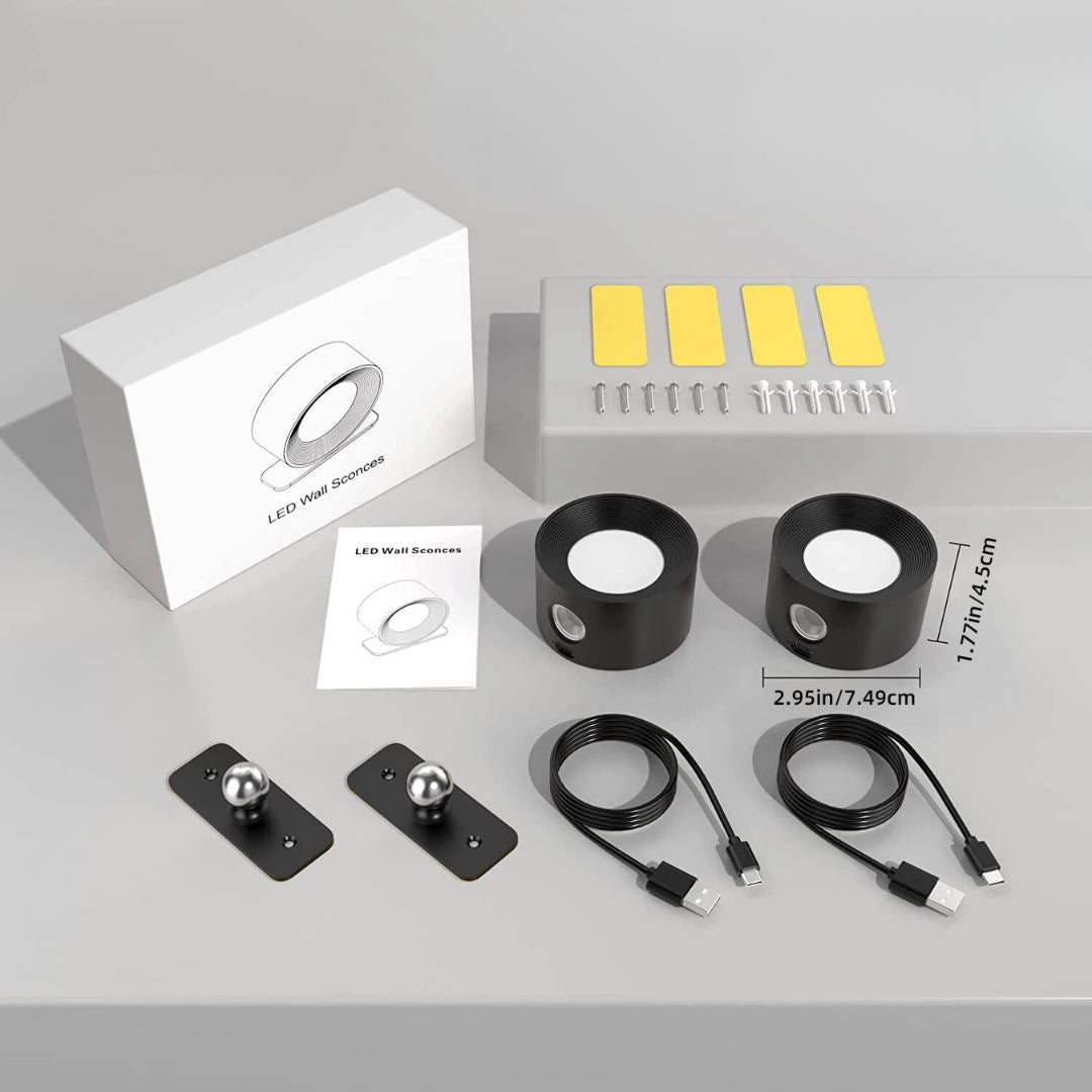 Arandela de Parede LED com Controle de Toque e 3 Modos de Cor Iluminação011 Cama Conforto 2 Arandelas Preta 