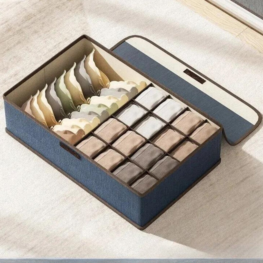 Caixa Organizadora 3-em-1 de Algodão e Linho - Estilo Moderno para Organização Doméstica Organizadores004 Cama Conforto Azul Grande (17 divisórias) 