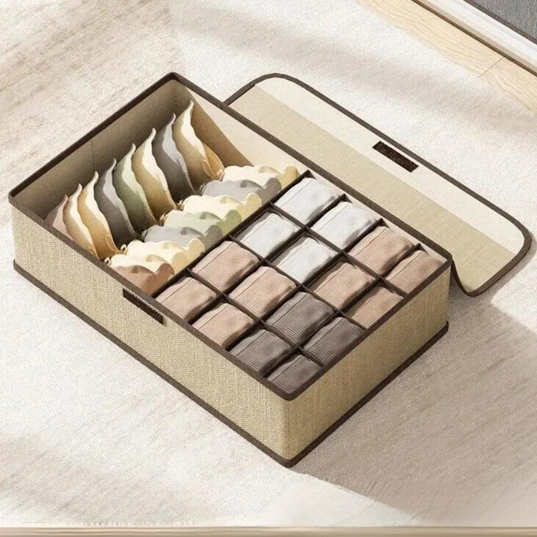 Caixa Organizadora 3-em-1 de Algodão e Linho - Estilo Moderno para Organização Doméstica Organizadores004 Cama Conforto Bege Grande (17 divisórias) 