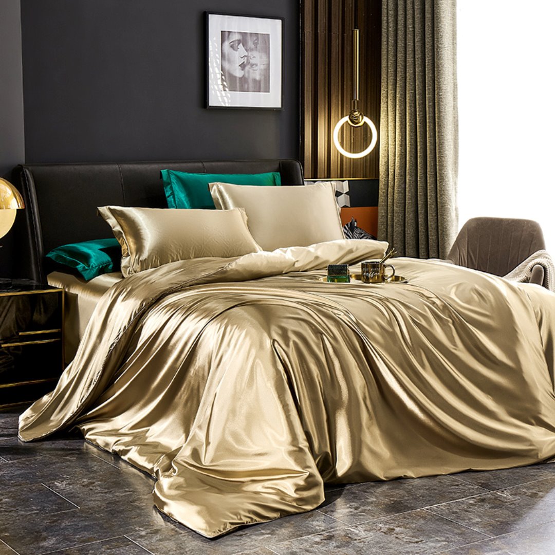 Conjunto de Cama em Seda de Amoreira Roupa de Cama001 camaconforto Casal Champagne 