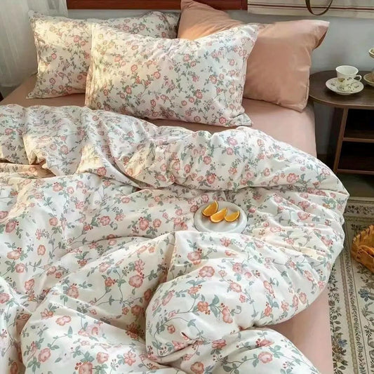 Conjunto de Cama Estilo Coreano - Capa de Edredom, Lençol e Fronha - Floral Rosa Roupa de Cama034 Cama Conforto Solteiro Floral Rosa 