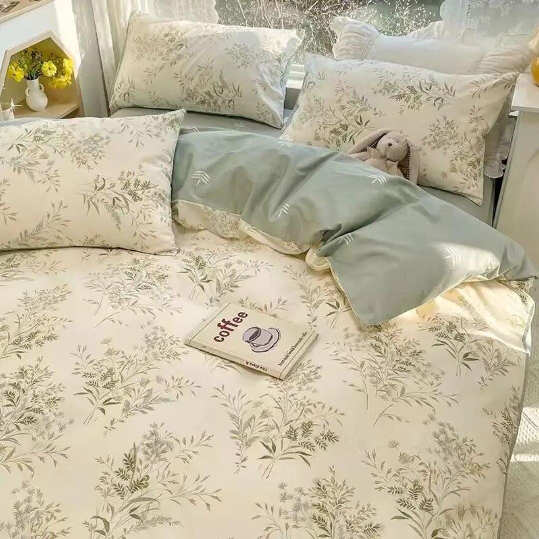 Conjunto de Cama Estilo Coreano - Capa de Edredom, Lençol e Fronha - Floral Verde Roupa de Cama033 Cama Conforto Solteiro Floral Verde 