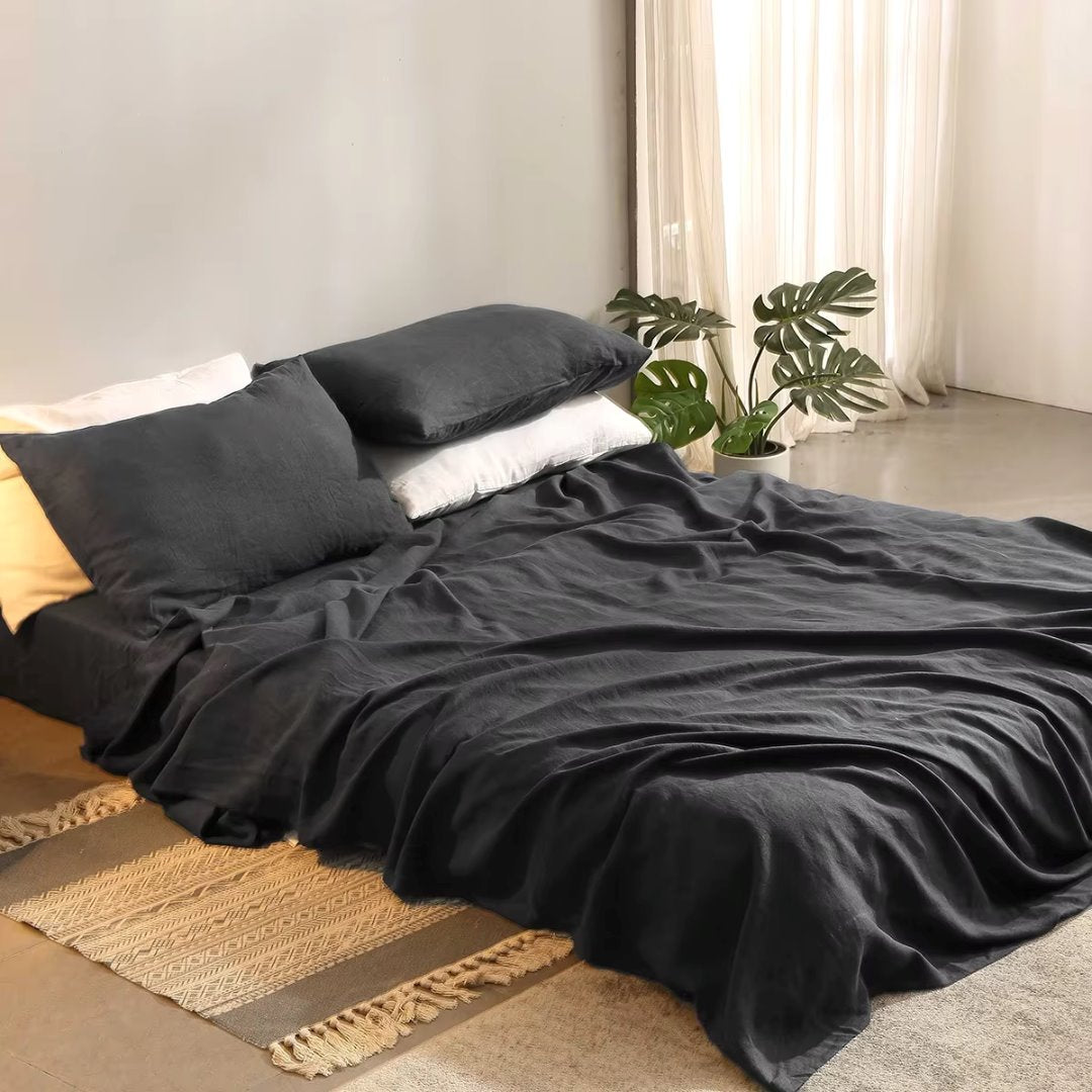 Conjunto de Roupa de Cama Linho Puro - 4 Peças - Saúde e Sustentabilidade para o Seu Sono - Cinza Escuro Roupa de Cama048 Cama Conforto 