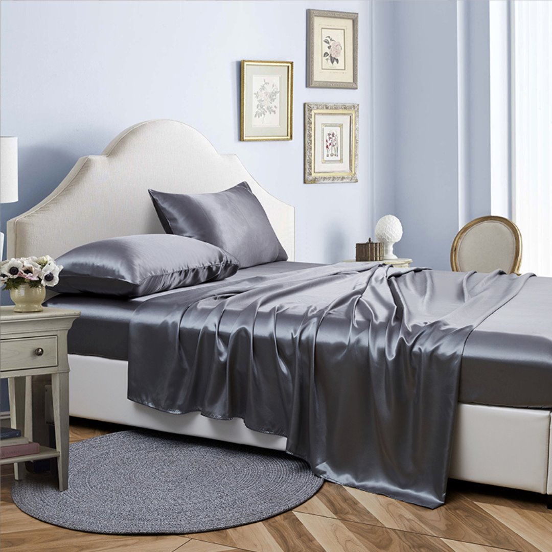 Conjunto Luxuoso de Lençóis de Cetim com Fronhas - Elegância e Conforto Realçados Roupa de Cama009 camaconforto Casal Cinza 