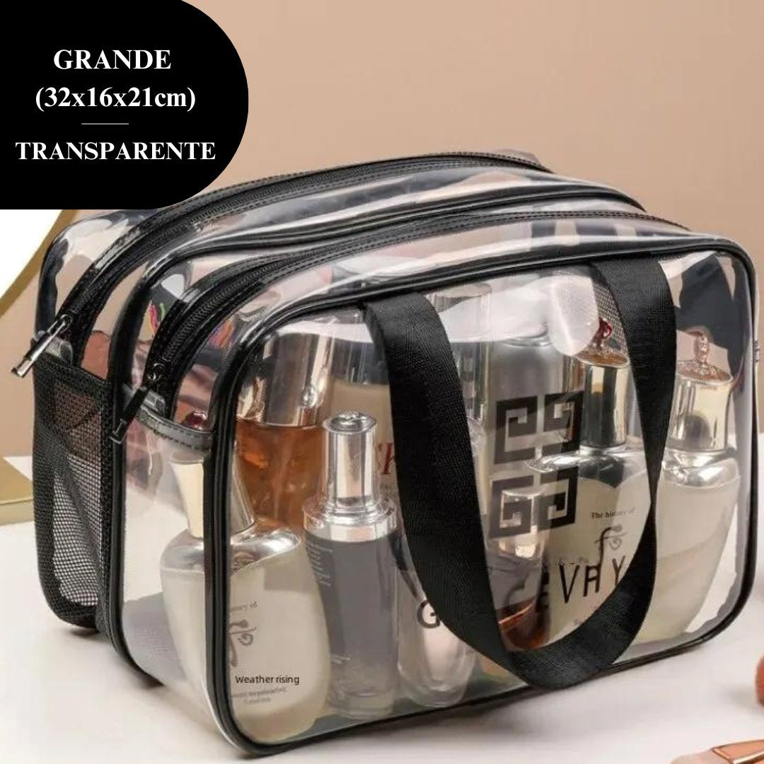 Necessaire Organizadora de Maquiagem Dupla Camada - Impermeável e Versátil Organizadores001 Cama Conforto Grande (32x16x21cm) Transparente 